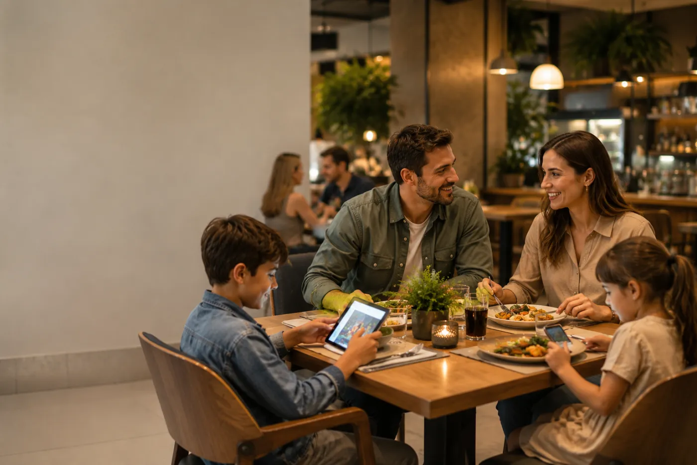 Família jantando em restaurante